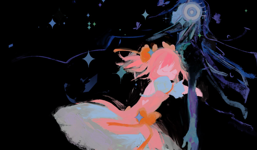 2girls, akuma_homura, bigskycastle, bubble_skirt, closed_eyes, hair_ribbon, highres, hug, kaname_madoka, magical_girl, mahou_shoujo_madoka_magica, multiple_girls, pink_hair, puffy_short_sleeves, puffy_sleeves, red_ribbon, ribbon, short_sleeves, skirt, twintails