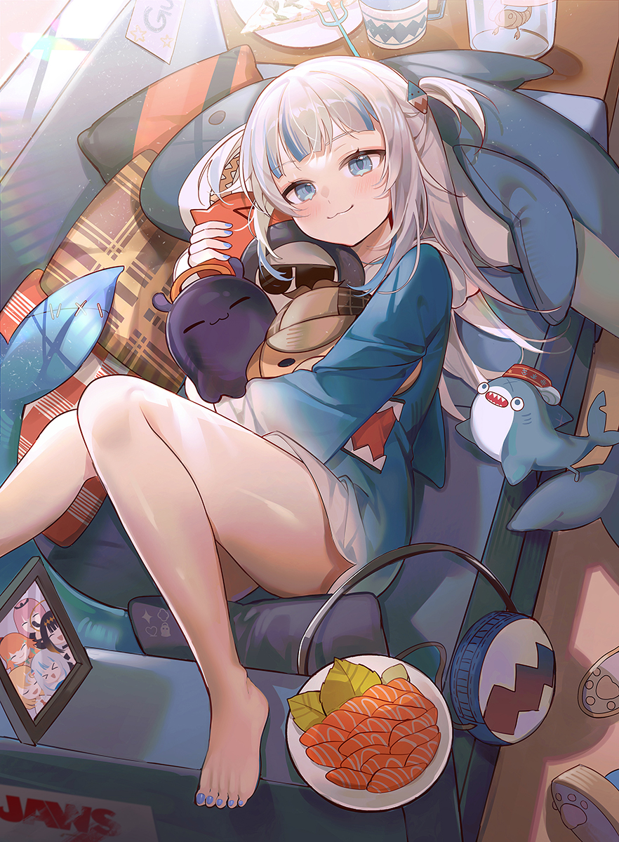 1girl, :3, bag, barefoot, bloop_(gawr_gura), blue_eyes, blue_hair, blue_jacket, blue_nails, blush, bubba_(watson_amelia), closed_mouth, commentary, couch, death-sensei_(mori_calliope), feet, fingernails, fish_tail, gawr_gura, hair_ornament, highres, hololive, hololive_english, jacket, kotori_(takanashi_kiara), legs, long_hair, long_sleeves, looking_at_viewer, lying, machi_(7769), mori_calliope, multicolored_hair, nail_polish, ninomae_ina'nis, on_couch, picture_(object), pillow, revision, shark_tail, smile, stuffed_animal, stuffed_shark, stuffed_toy, tail, takanashi_kiara, tako_(ninomae_ina'nis), toenail_polish, toes, two-tone_hair, virtual_youtuber, watson_amelia, white_hair
