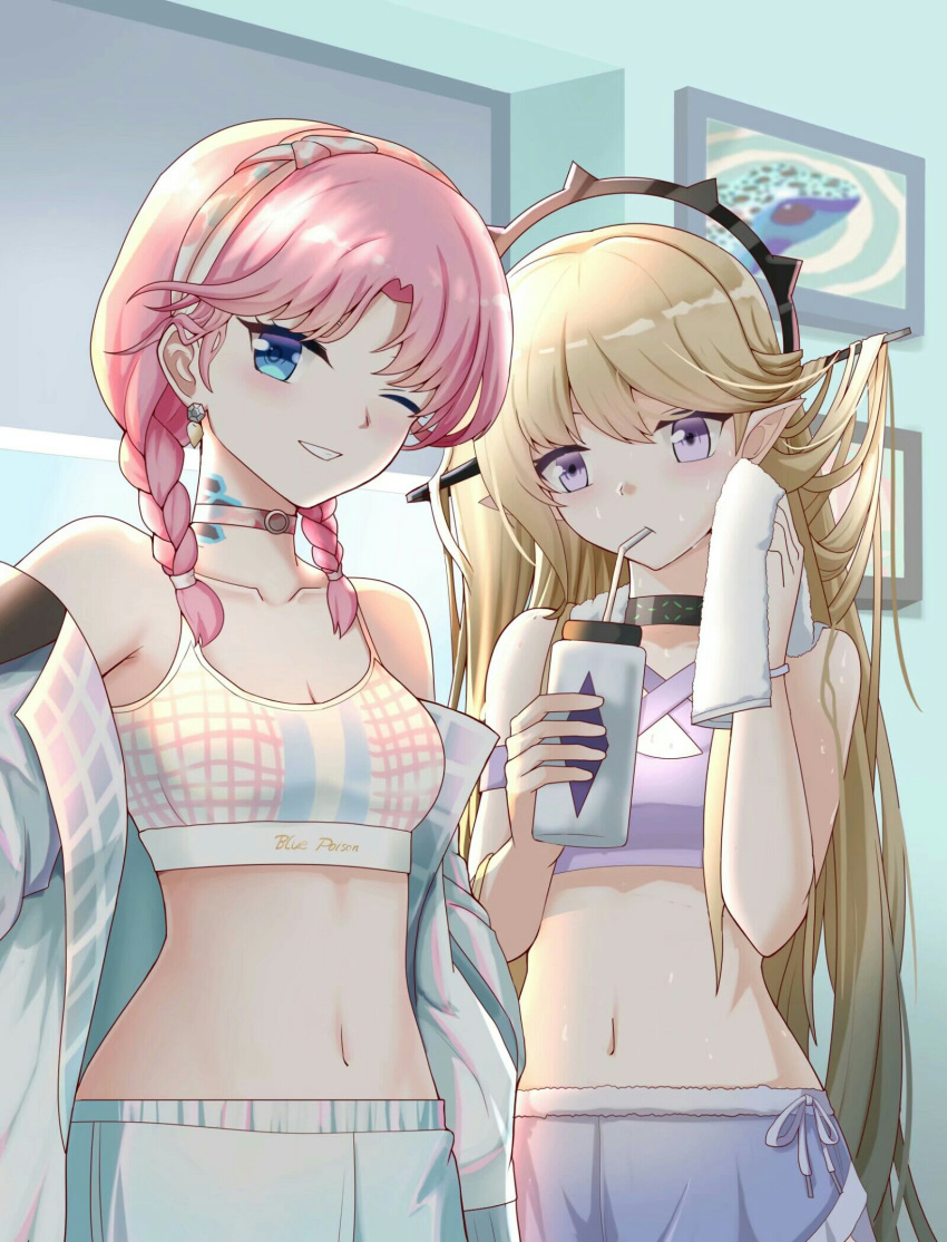 2girls, arknights, blonde_hair, blue_eyes, blue_poison_(arknights), blue_poison_(shoal_beat)_(arknights), blue_shorts, bottle