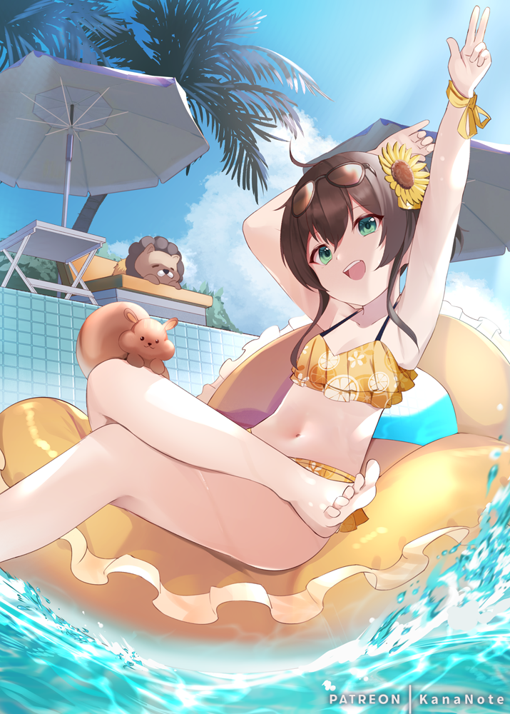1girl, ahoge, barefoot, bikini, blue_eyes, blush, brown_hair, hair_ornament