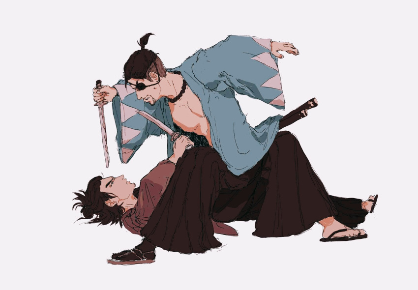 2boys, black_hair, blood, bloody_weapon, eyebrows, eyepatch, facial_hair, goatee