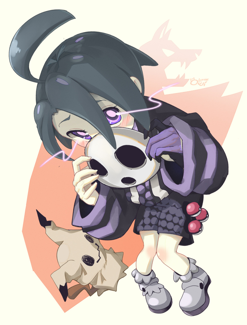 1boy, absurdres, ahoge, allister_(pokemon), black_hair, blush, commentary_request, covering_mouth