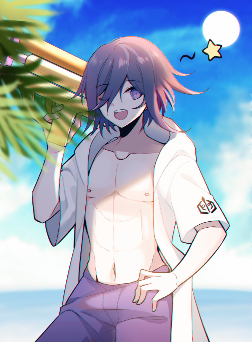 1boy, :d, absurdres, bangs, blue_sky, blurry, collarbone, commentary_request, cowboy_shot, dangan_ronpa_(series), dangan_ronpa_s:_ultimate_summer_camp, dangan_ronpa_v3:_killing_harmony, day, hair_between_eyes, highres, holding, holding_water_gun, jacket, looking_at_viewer, male_focus, navel, nipples, ocean, one_eye_closed, open_clothes, open_jacket, open_mouth, open_shirt, ouma_kokichi, outdoors, palm_leaf, pants, pink_male_swimwear, purple_pants, qiao_xing, see-through, shirt, sky, smile, solo, sun, upper_teeth, violet_eyes, water_gun, white_jacket