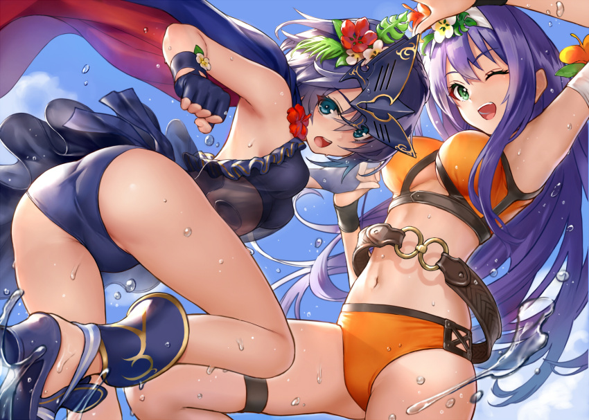 2girls, ;d, arm_up, armpits, ass, belt, bikini, black_bikini, black_footwear, black_gloves, blue_eyes, blue_hair, blue_sky, blush, breasts, clothing_cutout, day, fingerless_gloves, fire_emblem, fire_emblem:_path_of_radiance, fire_emblem:_radiant_dawn, fire_emblem_awakening, fire_emblem_heroes, flower, gloves, green_eyes, hair_flower, hair_ornament, high_heels, highres, hiyashiru, holding_hands, interlocked_fingers, long_hair, looking_at_viewer, lucina_(fire_emblem), mask, mask_on_head, medium_breasts, mia_(fire_emblem), multiple_girls, navel, one_eye_closed, open_mouth, orange_bikini, outdoors, purple_hair, red_flower, see-through, short_hair, sky, small_breasts, smile, stomach, swimsuit, thigh_strap, under_boob, underboob_cutout, very_long_hair, water, white_flower