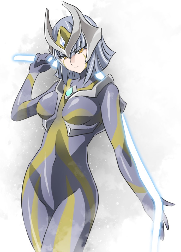 1girl, bodysuit, breasts, camearra, color_timer, darkness_heels_lili, eyebrows_visible_through_hair, facial_tattoo