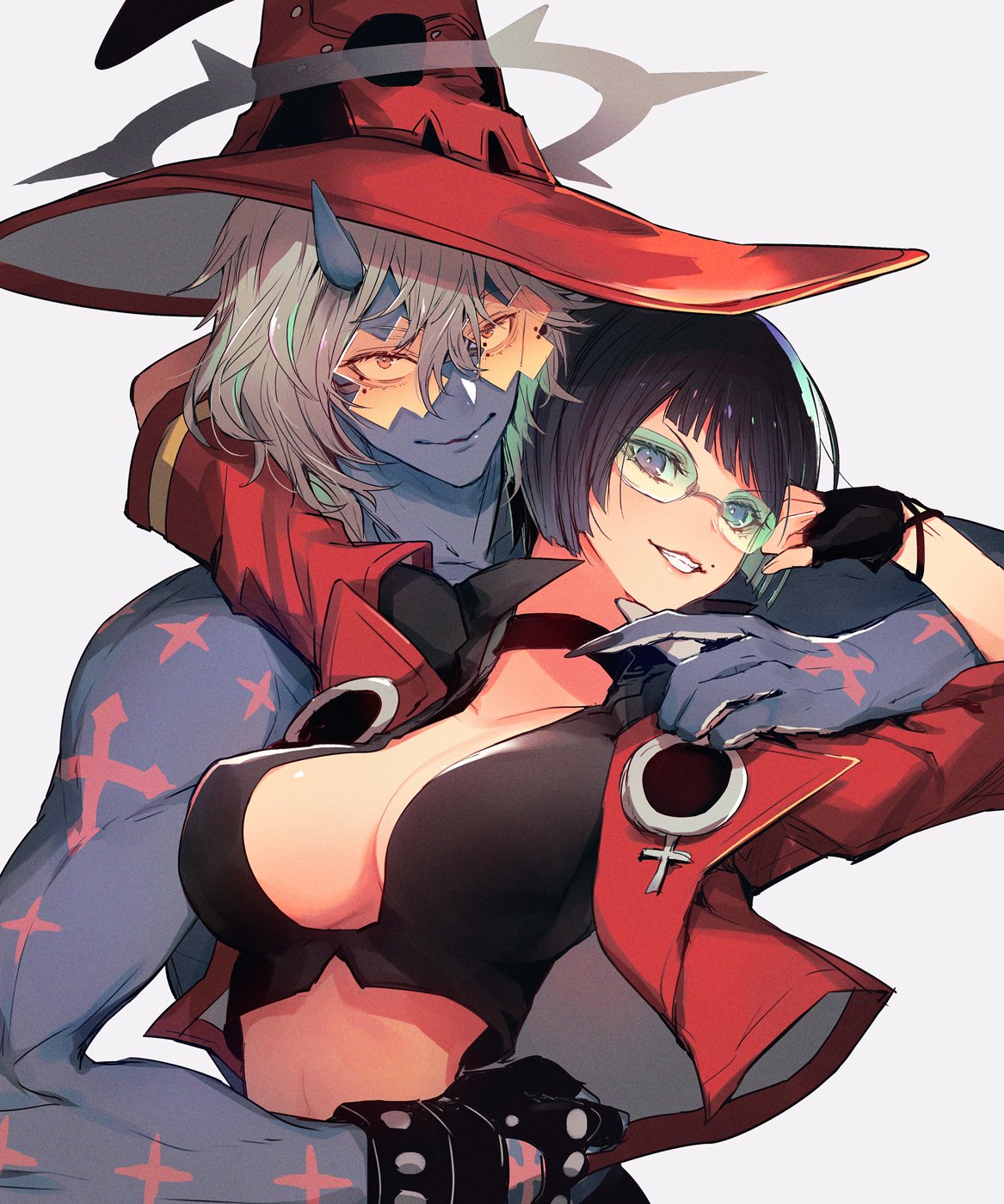 1boy, 1girl, black_hair, blue_skin, choker, colored_skin, guilty_gear, guilty_gear_strive, halo, happy_chaos, hat, highres, i-no, jacket, looking_at_viewer, oro_(sumakaita), red_headwear, red_jacket, short_hair, smirk, sunglasses, tinted_eyewear, venus_symbol, very_short_hair, witch_hat