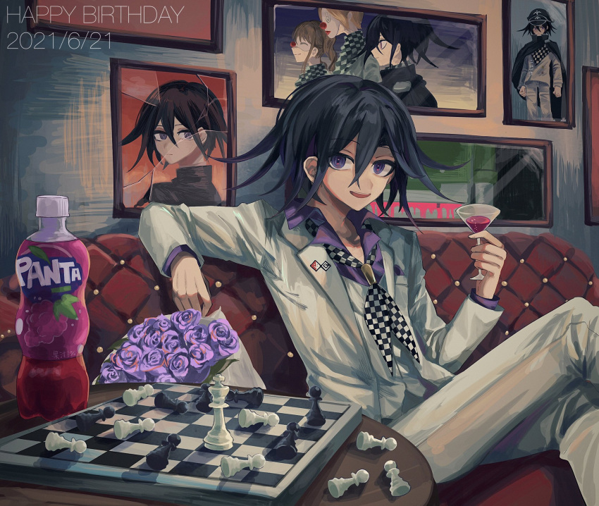 1boy, :d, bangs, black_cape, black_hair, black_headwear, cape, checkered