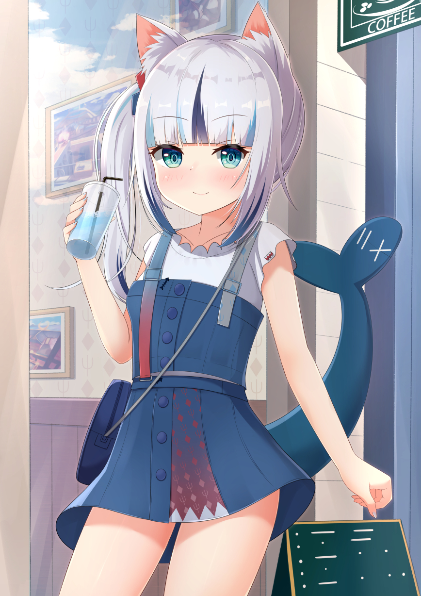 1girl, animal_ear_fluff, animal_ears, aqua_eyes, ass_visible_through_thighs, bag, bangs, black_hair