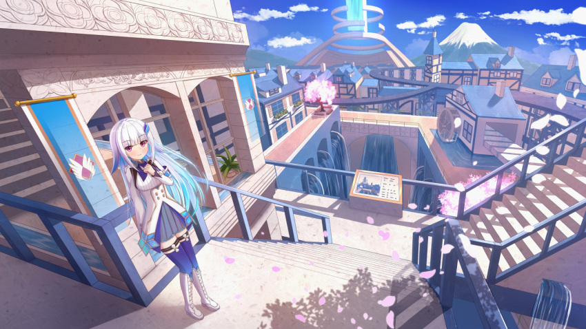 1girl, bangs, black_skirt, blue_legwear, blunt_bangs, blush, boots, cherry_blossoms