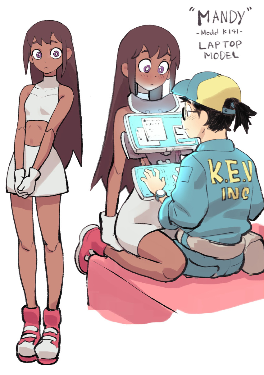 1boy, 1girl, :<, absurdres, android, blush, brown_hair, colo_(nagrolaz), computer, crop_top, dark-skinned_female, dark_skin, english_commentary, expressionless, flat_chest, full_body, girl_on_top, gloves, halter_top, halterneck, highres, joints, laptop, long_hair, long_legs, miniskirt, no_navel, original, personification, red_footwear, robot_joints, shoes, skirt, sneakers, straddling, straight_hair, too_literal, touchscreen, upright_straddle, violet_eyes, white_gloves, white_skirt