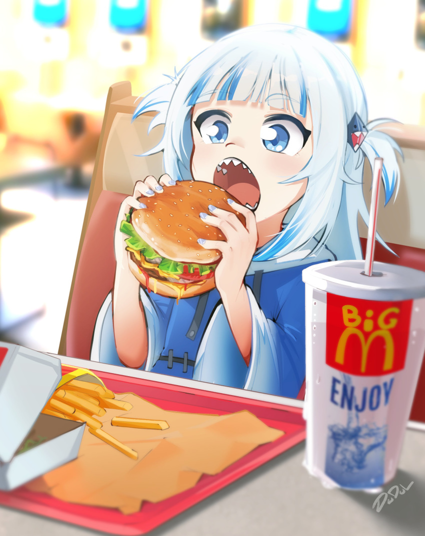 1girl, absurdres, artist_name, bangs, blue_eyes, blue_hair, blue_nails, blunt_bangs