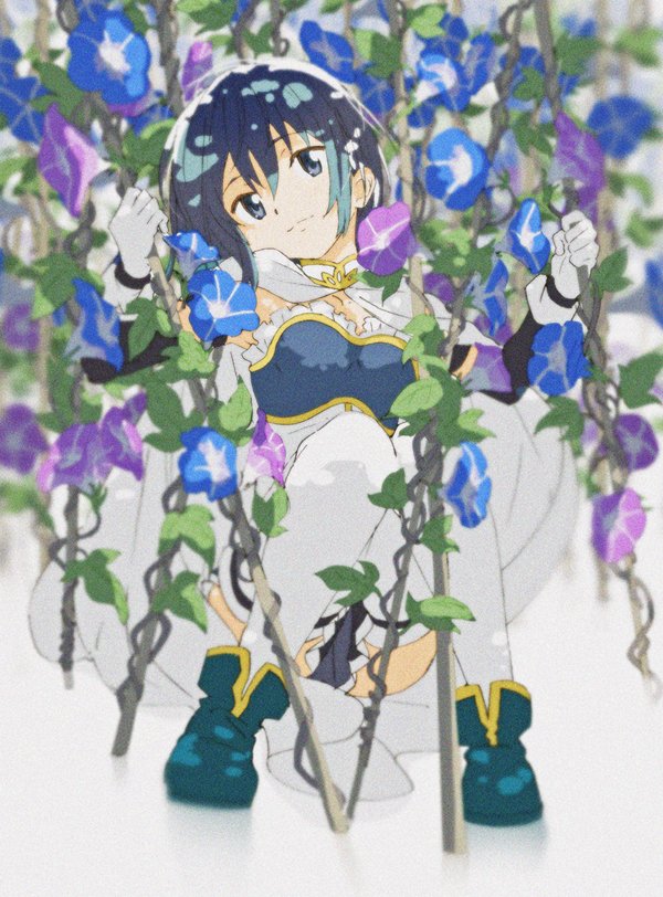 1girl, bare_shoulders, blue_eyes, blue_footwear, blue_hair, cape, detached_sleeves, eyebrows_visible_through_hair
