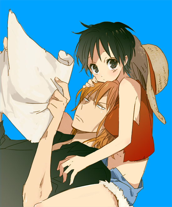 brown_hair, female_version, genderswap, hat, hotpants, luffyko, map, midriff, monkey_d_luffy, nami, one_piece, orange_hair, scar, short_hair, short_shorts, shorts, straw_hat, toire_(kakka), unzipped