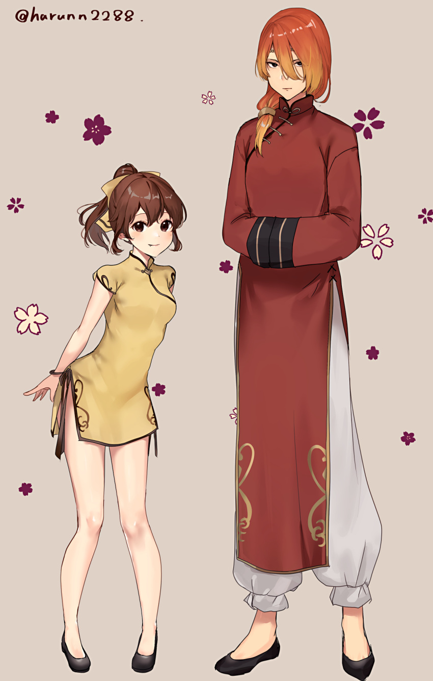 1boy, 1girl, bangs, brother_and_sister, brown_eyes, brown_hair, china_dress, chinese_clothes