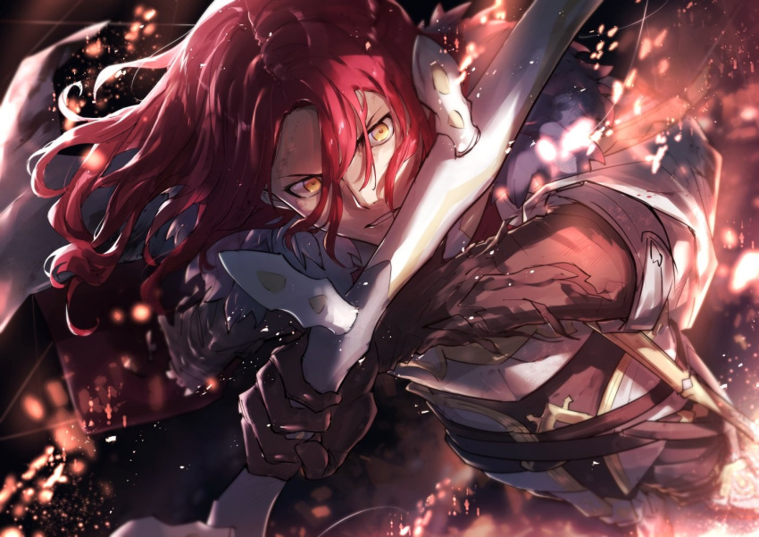 1boy, black_gloves, bow_(weapon), cape, failnaught_(fate), fate/grand_order, fate_(series), fire