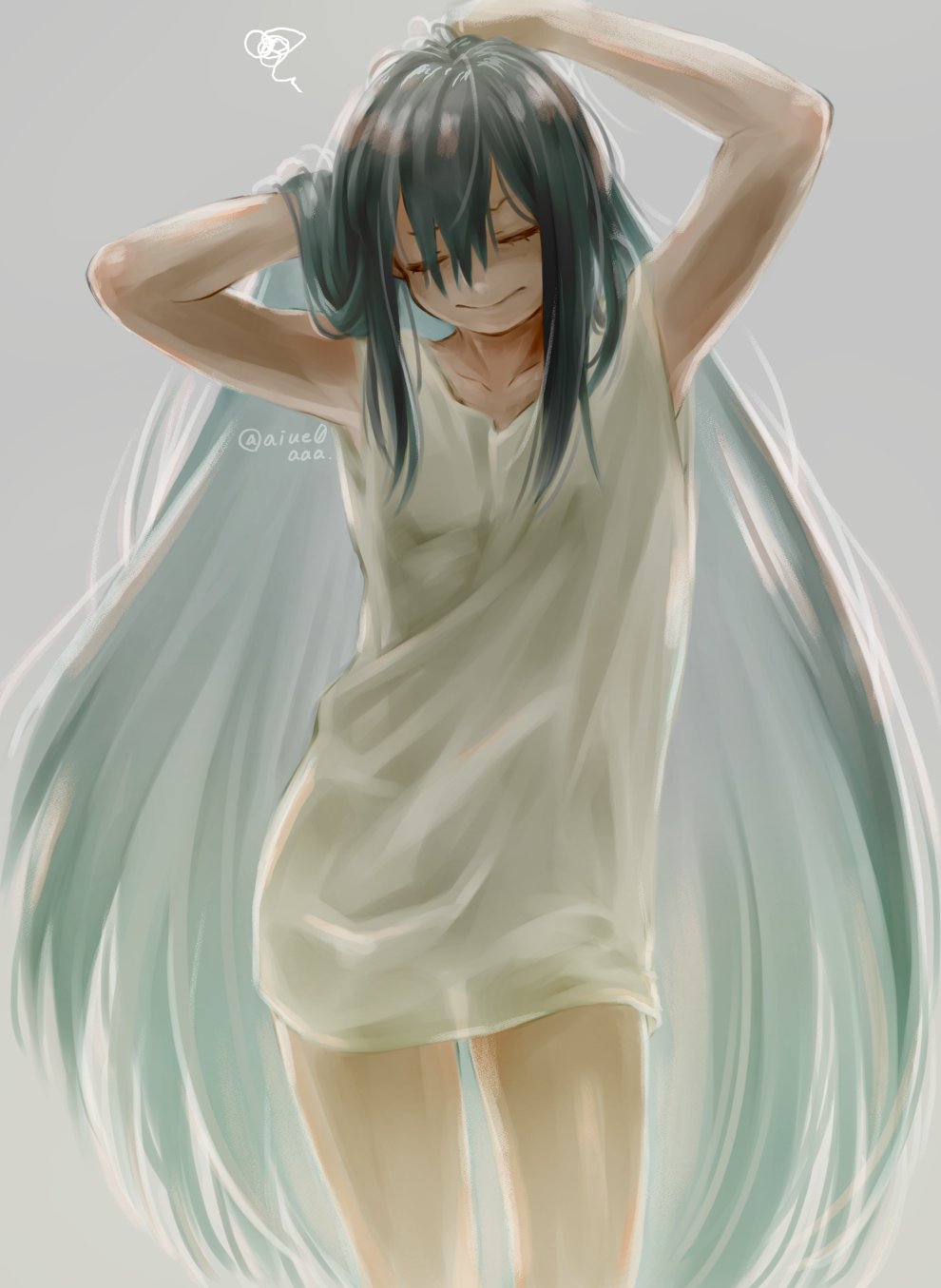 1girl, aiue0, alternate_costume, armpits, arms_behind_head, arms_up, asui_tsuyu, bangs