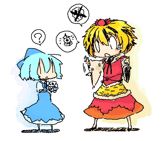 2girls, blonde_hair, blue_hair, chibi, cirno, multiple_girls, short_hair, toramaru_shou