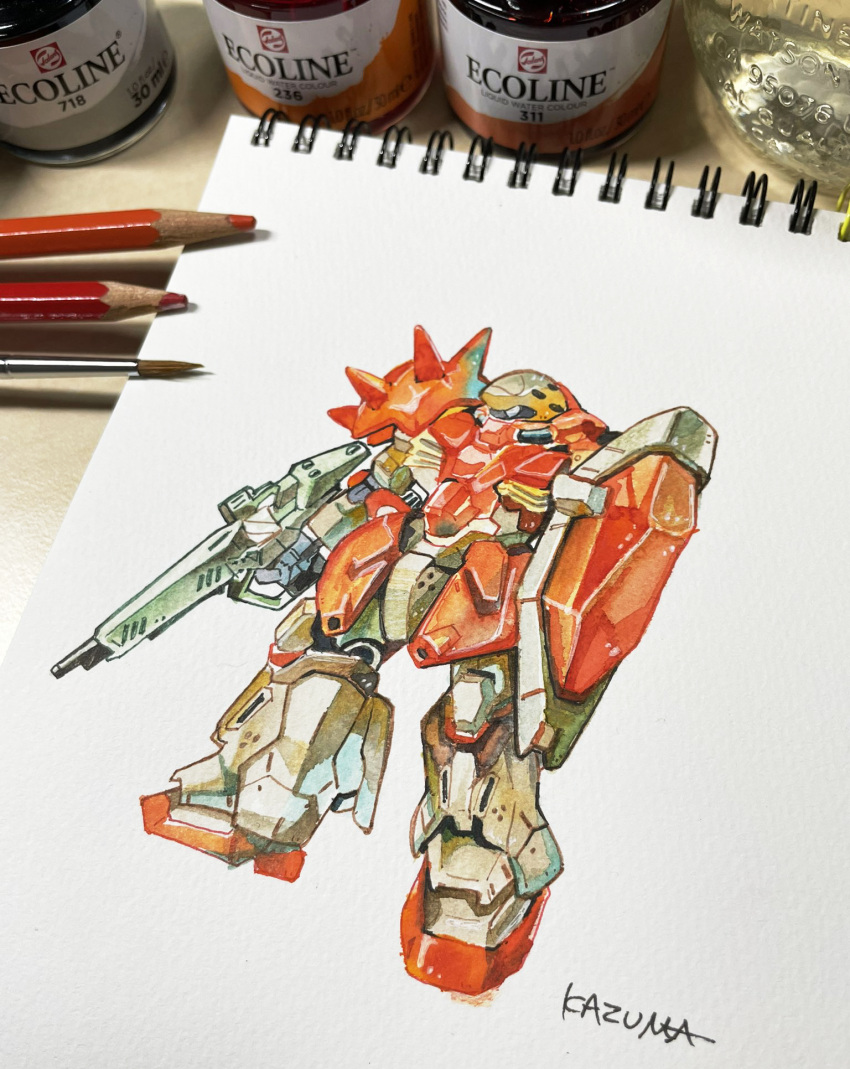 artist_name, colored_pencil, colored_pencil_(medium), gun, gundam, gundam_hathaway's_flash, highres, holding, holding_gun, holding_shield, holding_weapon, jar, kazuma_(dokurinngos2), mecha, messer_(mobile_suit), mobile_suit, pencil, photo_(medium), science_fiction, shield, solo, traditional_media, weapon, yellow_eyes