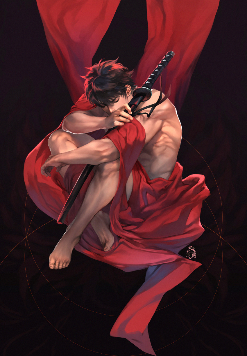 1boy, absurdres, artist_name, bangs, barefoot, black_hair, closed_eyes, crossed_ankles