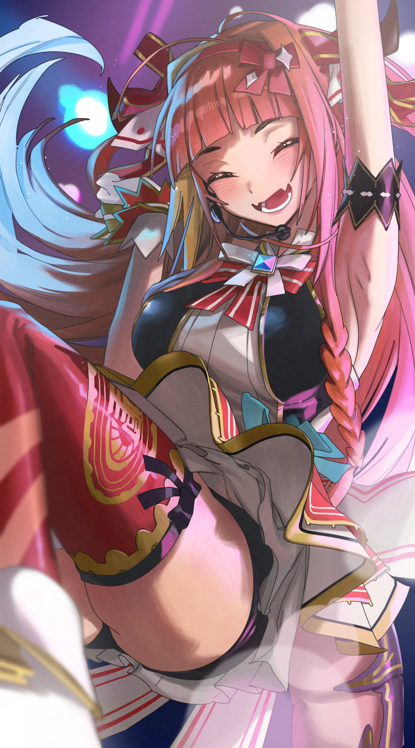 1girl, absurdres, ahoge, arm_up, armlet, armpits, back_bow, bangs