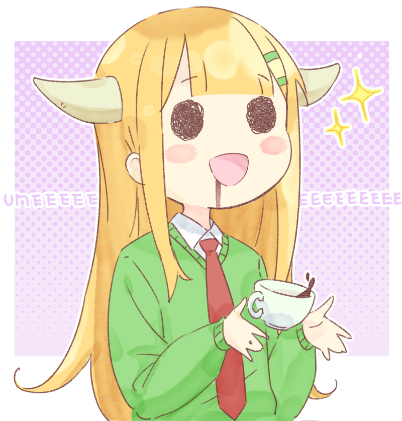 1girl, background_text, bangs, blonde_hair, coffee, collared_shirt, commentary_request, cup