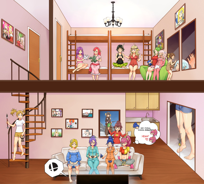 absurdres, anna_(fire_emblem), bed, bedroom, blonde_hair, blue_hair, chandelier, circlet, couch, dagr_(fire_emblem), delthea_(fire_emblem), fir_(fire_emblem), fire_emblem, fire_emblem:_mystery_of_the_emblem, fire_emblem:_the_blazing_blade, fire_emblem_awakening, fire_emblem_echoes:_shadows_of_valentia, fire_emblem_fates, fire_emblem_heroes, fire_emblem_warriors, florina_(fire_emblem), game_console, gamecube_controller, green_hair, gunnthra_(fire_emblem), highres, holding, holding_pen, huge_filesize, igni_tion, indoors, kiran_(fire_emblem), kris_(fire_emblem), lianna_(fire_emblem), lissa_(fire_emblem), mathilda_(fire_emblem), miriel_(fire_emblem), mitama_(fire_emblem), nina_(fire_emblem), nuibaba, ophelia_(fire_emblem), orochi_(fire_emblem), pajamas, pen, pink_hair, purple_hair, redhead, sink, sleepover, sophie_(fire_emblem), stairs, tiki_(fire_emblem)