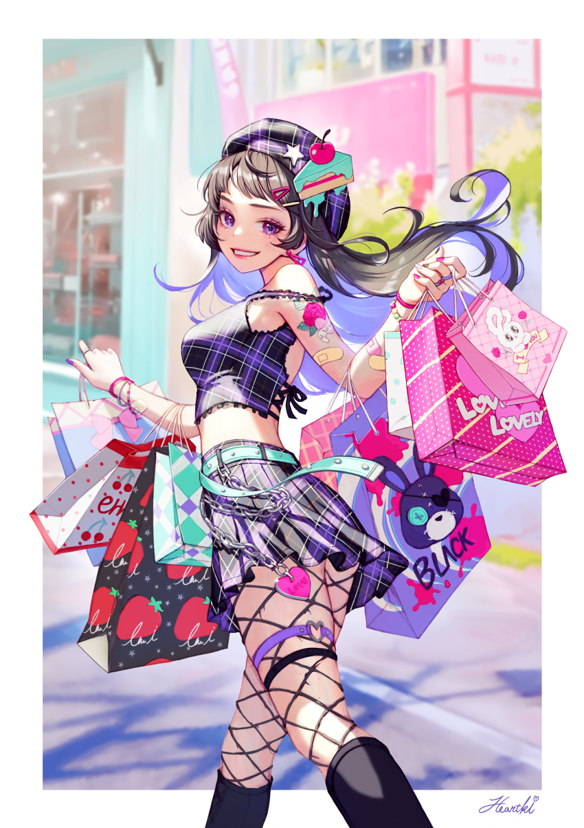 1girl, absurdres, bag, bandaid, belt, beret, black_hair, blurry