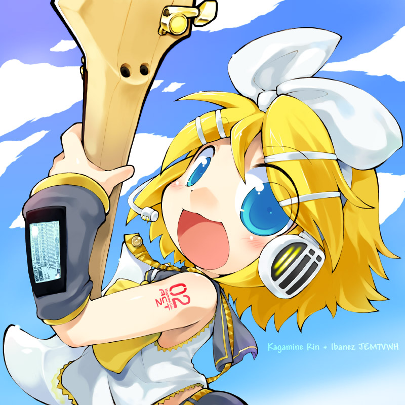 bare_shoulders, blonde_hair, blue_eyes, detached_sleeves, guitar, hair_ornament, hair_ribbon, hairclip