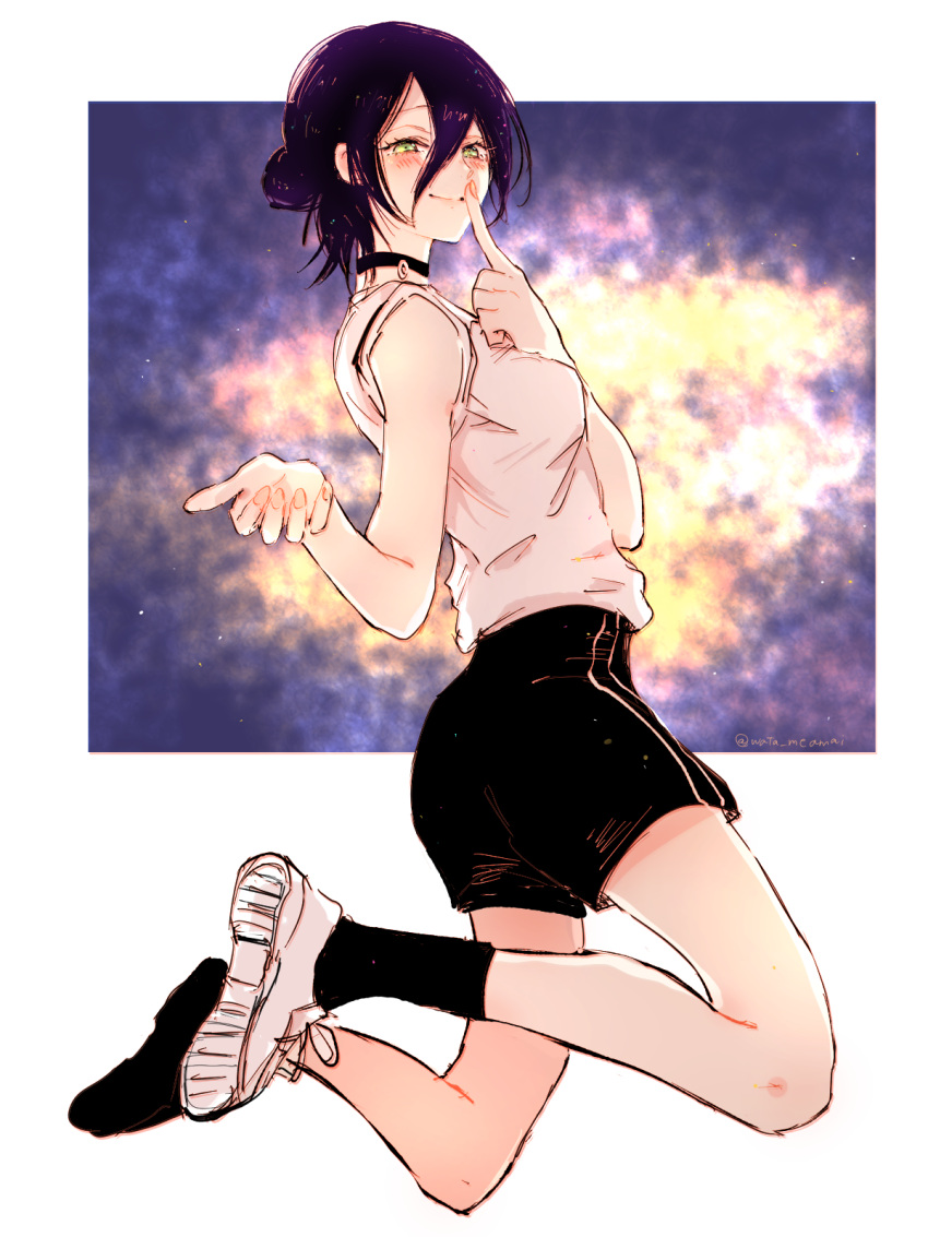 1girl, black_choker, black_footwear, black_hair, black_legwear, black_shorts, blush, breasts, chainsaw_man, choker, closed_mouth, commentary, finger_to_mouth, full_body, green_eyes, grenade_pin, hair_between_eyes, hair_bun, highres, index_finger_raised, jumping, looking_at_viewer, medium_breasts, mismatched_footwear, outstretched_hand, reze_(chainsaw_man), shirt, shirt_tucked_in, shoes, short_hair, short_shorts, shorts, single_sock, sleeveless, sleeveless_shirt, smile, sneakers, socks, solo, tied_hair, twitter_username, white_footwear, white_shirt, yukichi_(imoko41)