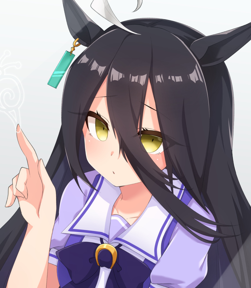 1girl, ahoge, bangs, black_hair, blue_shirt, bow, chiji_komari, commentary_request