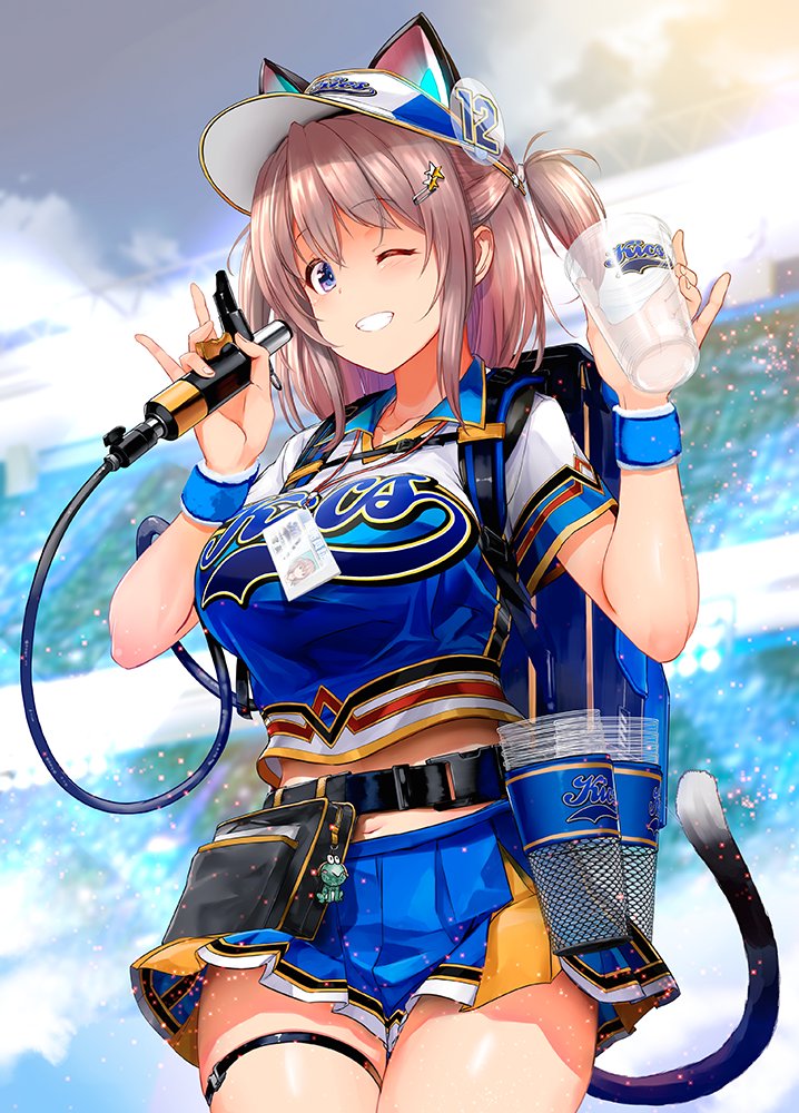 1girl, \n/, alcohol, animal_hat, backpack, bag, baseball_cap, beer, belt, blue_eyes, blue_headwear, blue_shirt, blue_skirt, blurry, blurry_background, brown_hair, cat_hat, cat_tail, collared_shirt, commentary_request, cup, cup_holder, day, depth_of_field, eyebrows_visible_through_hair, grin, hair_ornament, hair_tie, hat, holding, holding_cup, kiryuu_takahisa, lanyard, logo, looking_at_viewer, medium_hair, midriff, miniskirt, navel, one_eye_closed, original, outdoors, pleated_skirt, pouch, shirt, short_sleeves, short_twintails, skirt, smile, solo, stadium, standing, star_(symbol), star_hair_ornament, tail, twintails, wristband