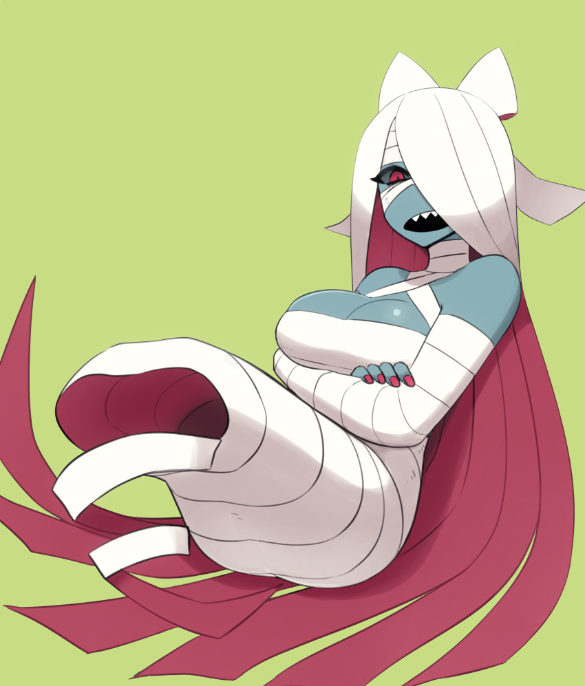 1girl, absurdres, breasts, colored_skin, crossed_arms, green_background, grey_skin, hair_over_one_eye