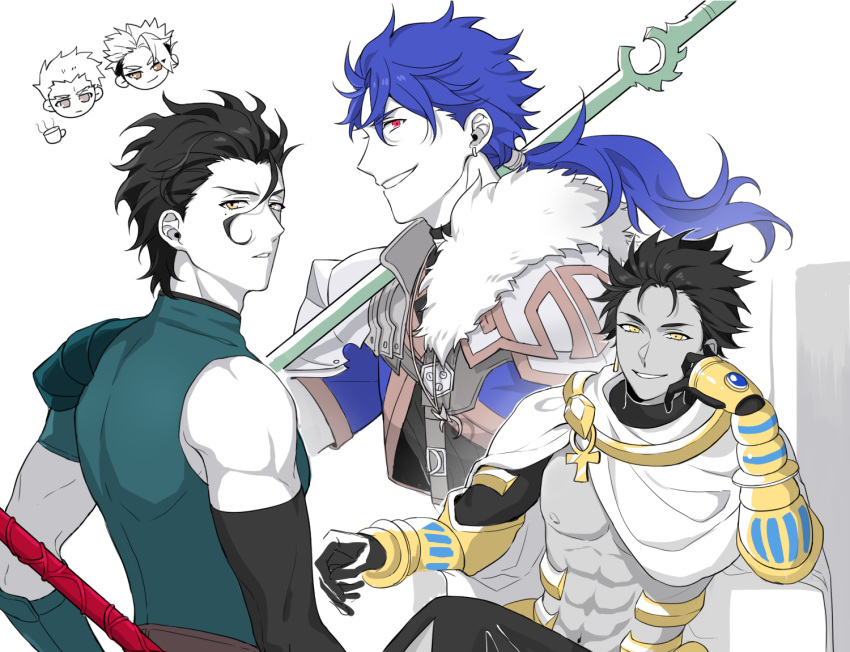 3boys, achilles_(fate), archer_(fate), black_hair, blue_hair, chibi, cu_chulainn_(fate)_(all), cu_chulainn_(fate/prototype)