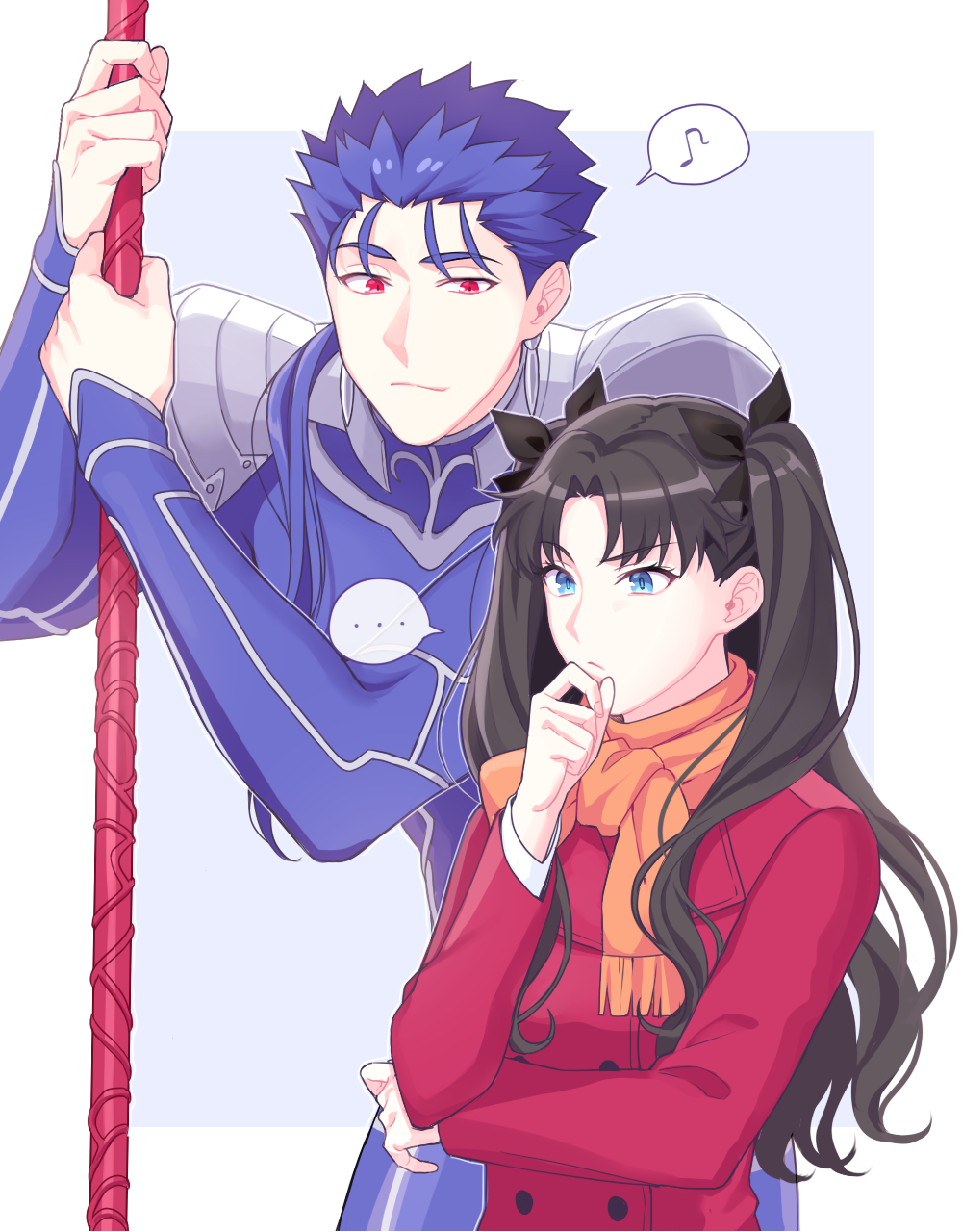 ..., 1boy, 1girl, armor, black_hair, blue_eyes, blue_hair, chin_stroking, cu_chulainn_(fate)_(all), cu_chulainn_(fate/stay_night), fate/grand_order, fate/stay_night, fate_(series), gae_bolg_(fate), hand_on_own_chin, highres, jacket, long_hair, male_focus, mikkat, musical_note, polearm, ponytail, red_jacket, scarf, spear, spoken_ellipsis, spoken_musical_note, thinking, tohsaka_rin, two_side_up, weapon