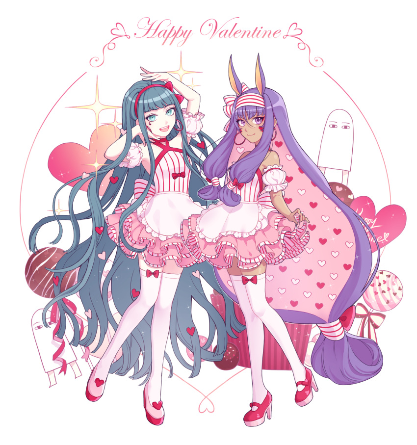 2girls, animal_ears, arm_warmers, bangs, blunt_bangs, bow, candy, cleopatra_(fate)