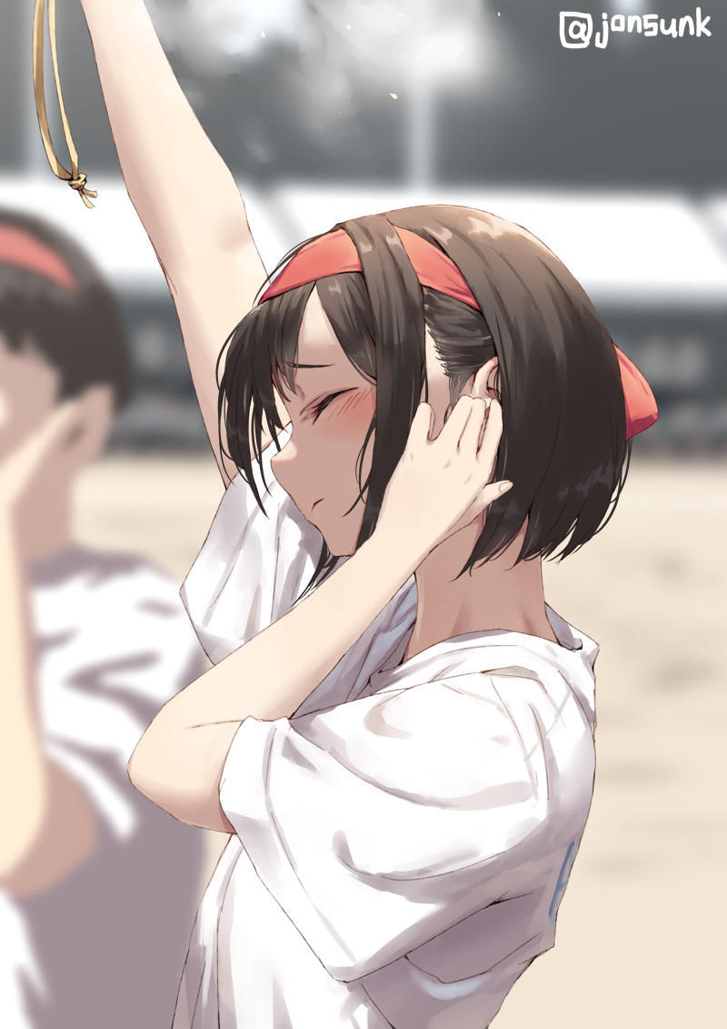 2girls, arm_up, black_hair, blush, closed_eyes, closed_mouth, gym_uniform, hairband