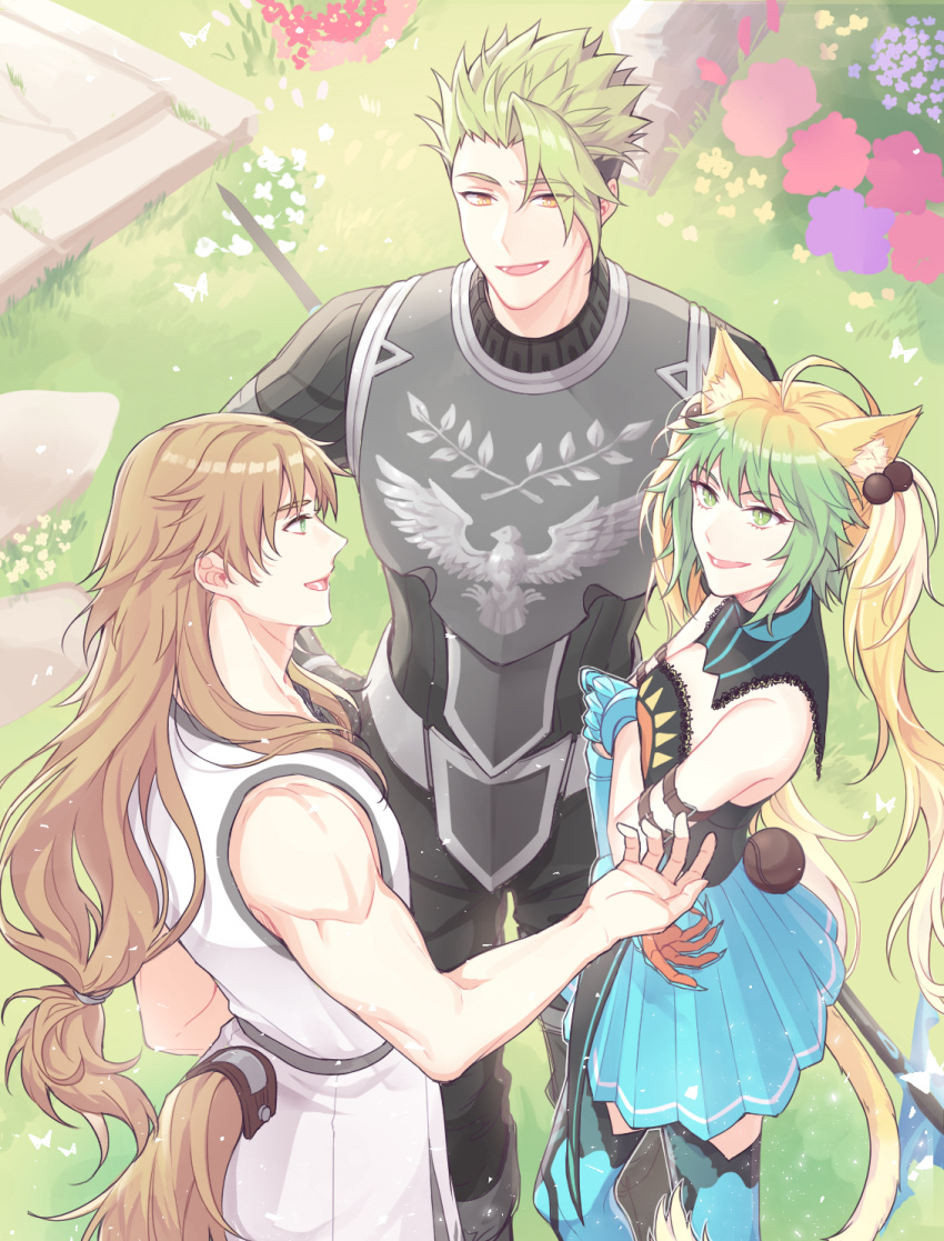 1girl, 2boys, achilles_(fate), animal_ears, atalanta_(fate), blonde_hair, brown_hair, cat_ears