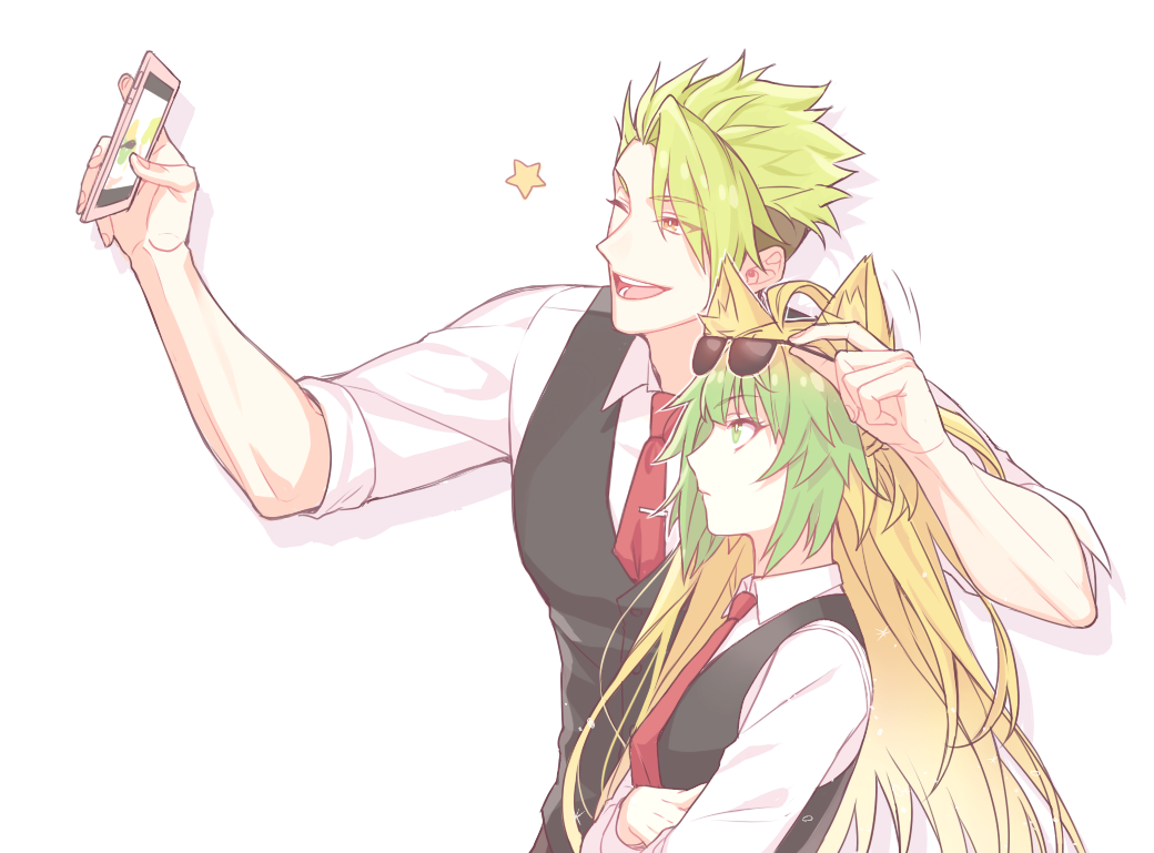 1boy, 1girl, achilles_(fate), animal_ears, atalanta_(fate), blonde_hair, casual, cat_ears