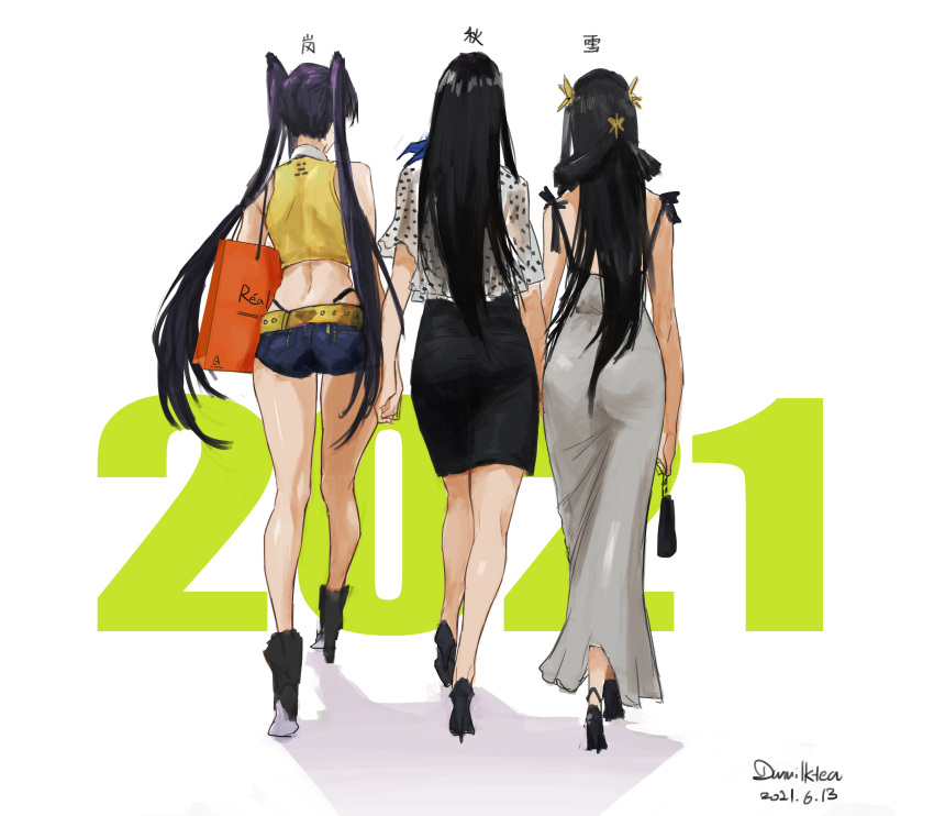2021, 3girls, absurdres, ass, bag, black_hair, dress, from_behind