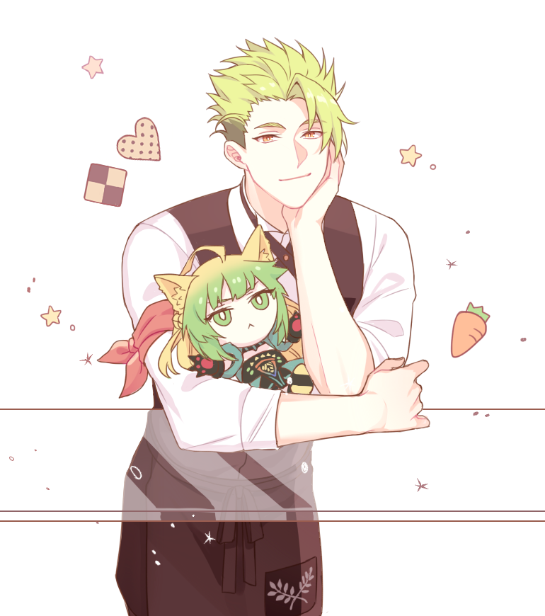 1boy, achilles_(fate), apron, armband, atalanta_(fate), blonde_hair, carrot, character_doll