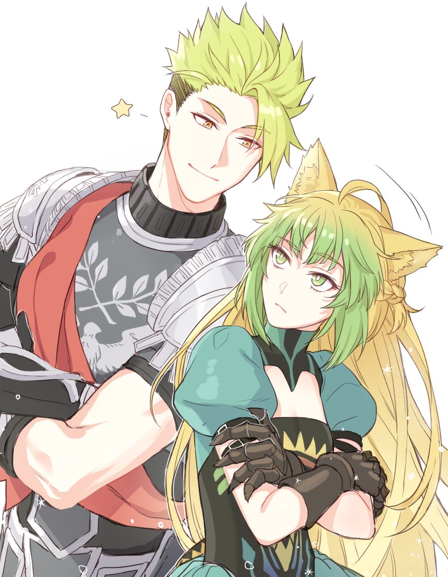 1boy, 1girl, achilles_(fate), ahoge, animal_ears, armor, atalanta_(fate), cat_ears
