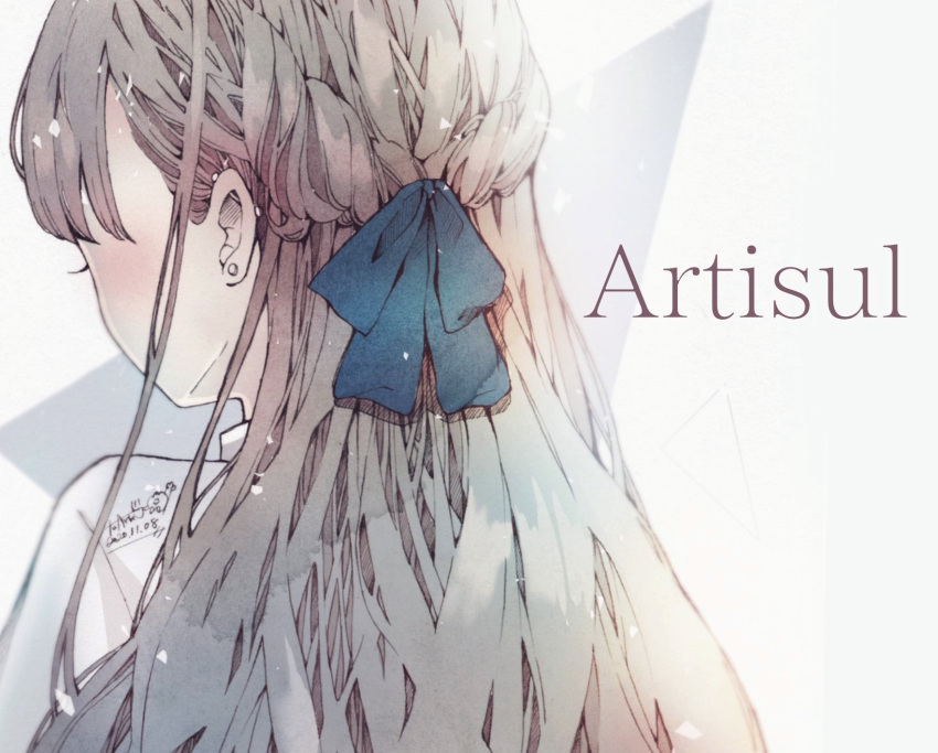1girl, artisul, black_ribbon, blush, brown_hair, copyright_name, dated, earrings