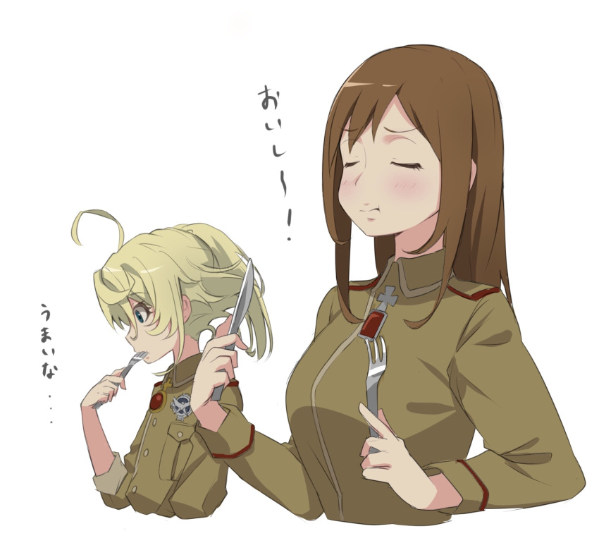 2girls, ahoge, blonde_hair, blue_eyes, blush, brown_hair, closed_eyes, eating