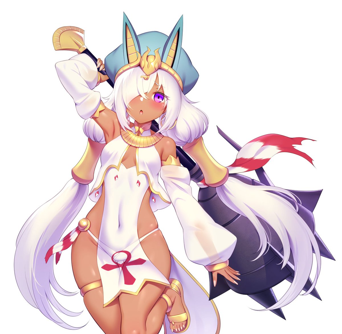 1girl, arm_up, armpits, ass_visible_through_thighs, breasts, covered_navel, dark_skin, detached_sleeves, egyptian_clothes, eiyuu_senki_ww, hair_over_one_eye, hat, huge_weapon, leg_up, long_hair, low_twintails, m-da_s-tarou, official_art, panties, pelvic_curtain, see-through_silhouette, shiny, shiny_skin, simple_background, skindentation, small_breasts, solo, thighlet, thutmose_(eiyuu_senki), twintails, underwear, very_long_hair, violet_eyes, weapon, white_background, white_hair, white_panties