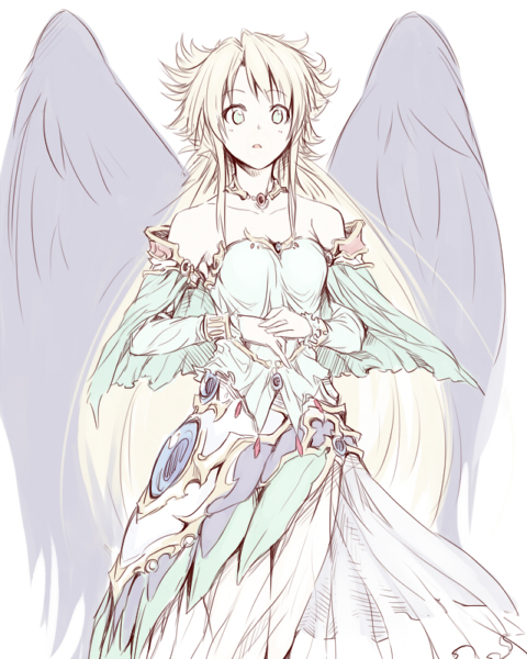 bare_shoulders, black_wings, blonde_hair, breath_of_fire, breath_of_fire_ii, dress, green_eyes, jewelry, legs, long_hair, necklace, nina_(breath_of_fire_ii), side_slit, taka_yanagi, takayanagi_(artist), wings