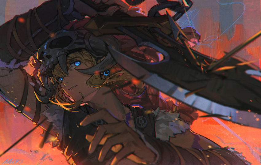 1boy, alzi_xiaomi, arrow_(projectile), bangs, barbarian_set_(zelda), blocking, blonde_hair, blue_eyes