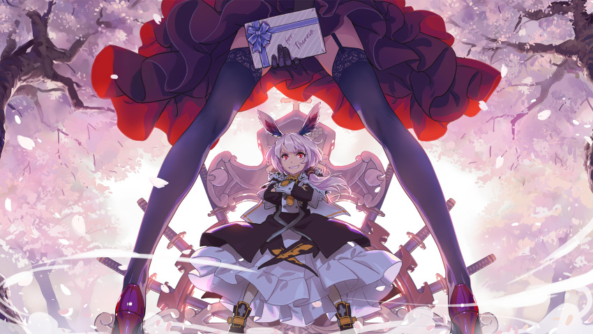 2girls, alternate_costume, animal_ears, bangs, benghuai_xueyuan, black_legwear, cherry_blossoms, cross_(weapon)