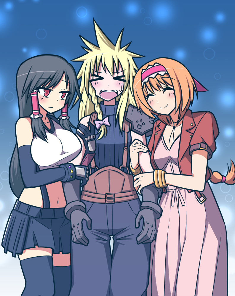 >_<, 3girls, aerith_gainsborough, aerith_gainsborough_(cosplay), alice_margatroid, alternate_hairstyle, arm_hug, bangs
