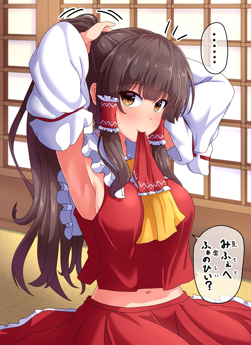 1girl, armpits, arms_up, bangs, blush, bow, breasts, brown_hair