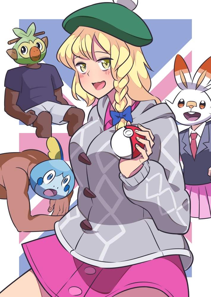 2boys, 2girls, bags_under_eyes, bangs, black_jacket, blonde_hair, blue_bow, blue_shirt